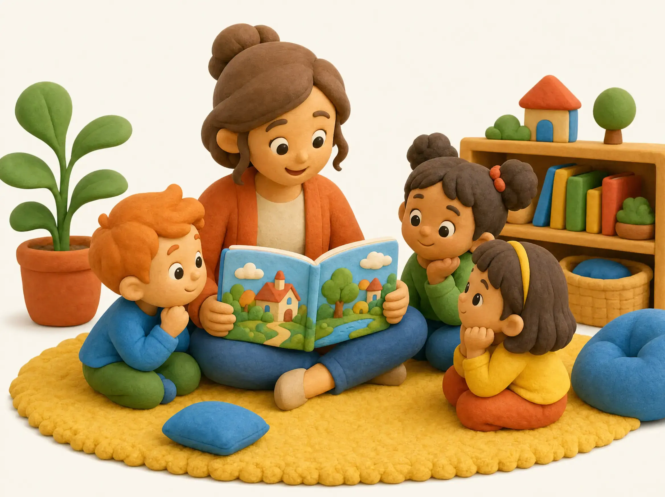 A teacher reading a picture book to a small group of children on a rug