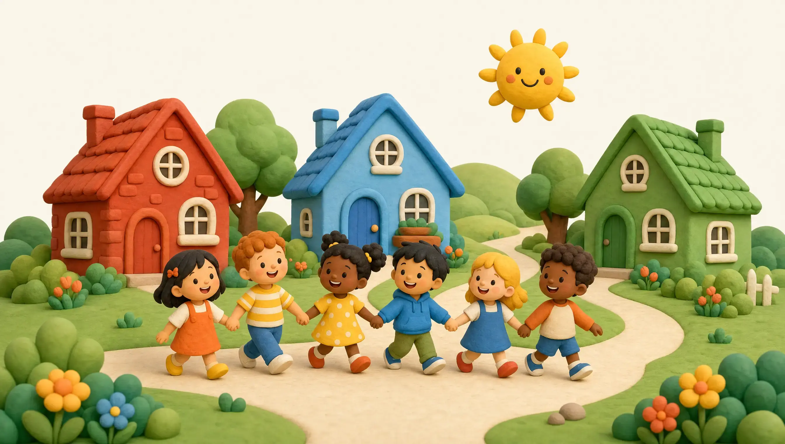 An illustrated village of colorful houses with children walking hand in hand along a winding path
