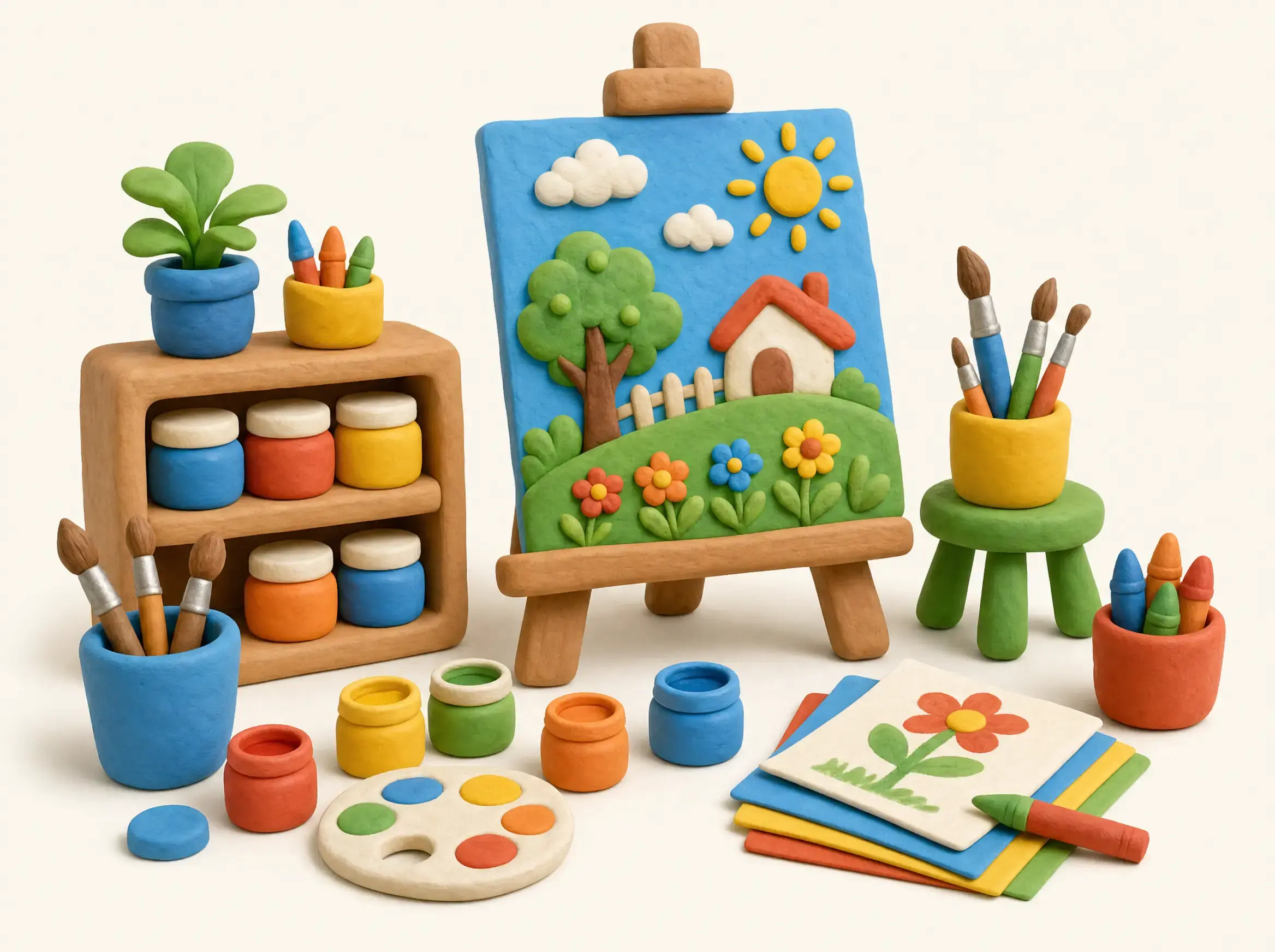 The art corner with easels, paint pots and brushes