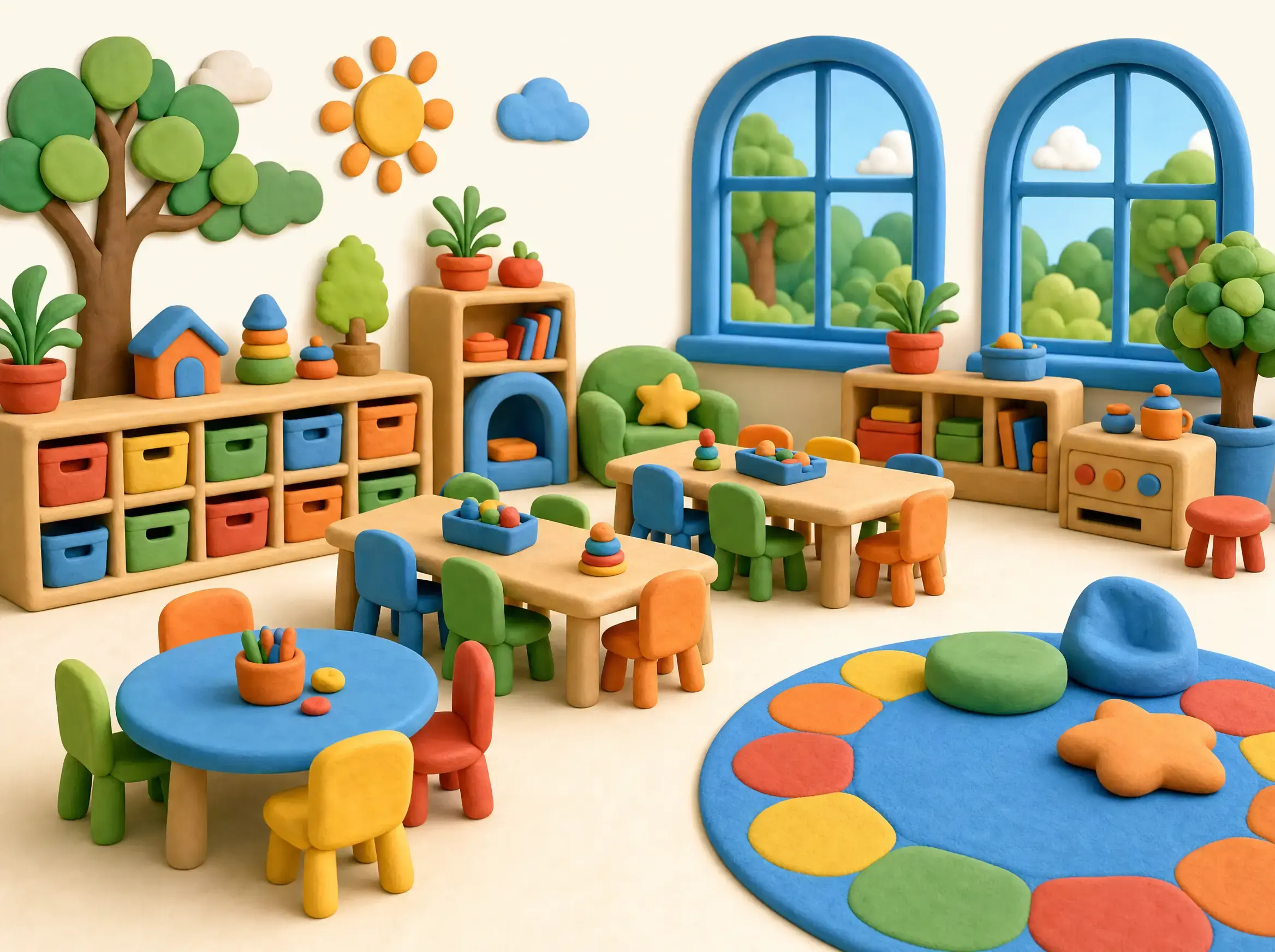A bright classroom with low wooden tables and a colorful rug