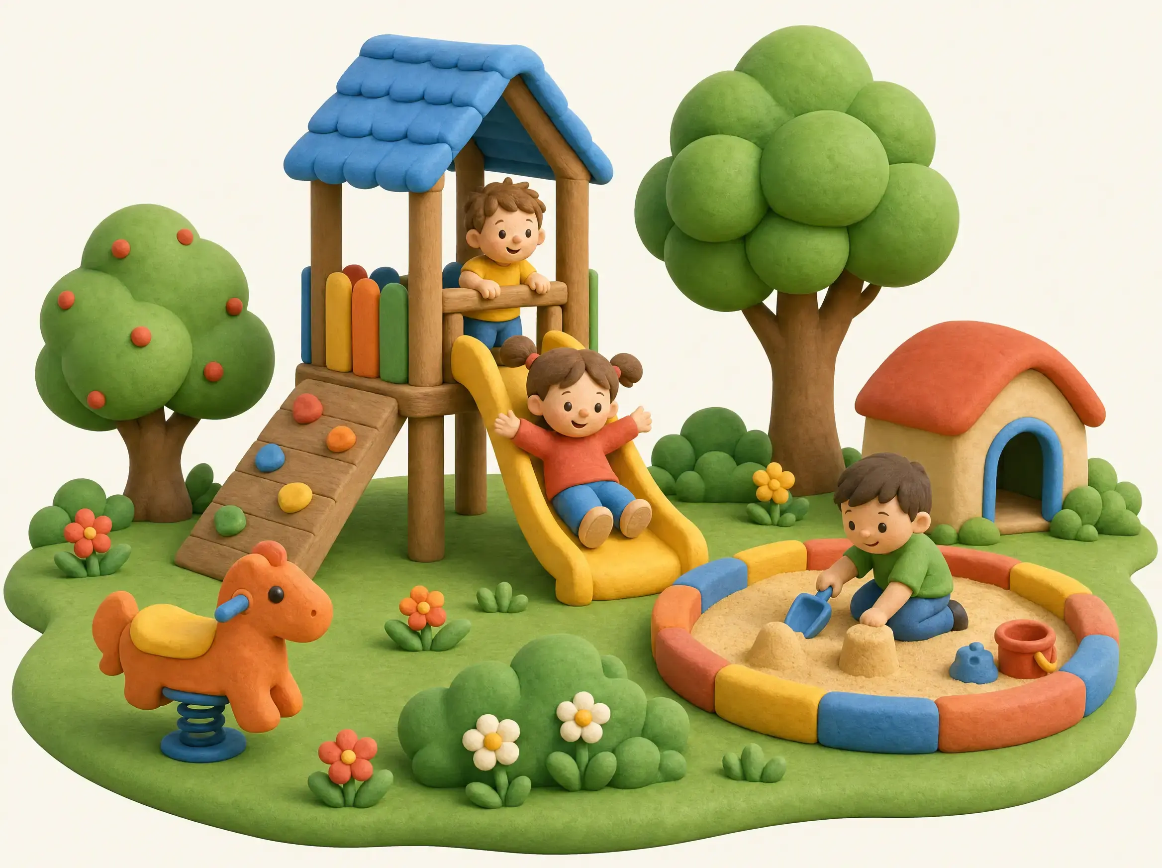 The outdoor playground with a climbing structure and sandbox